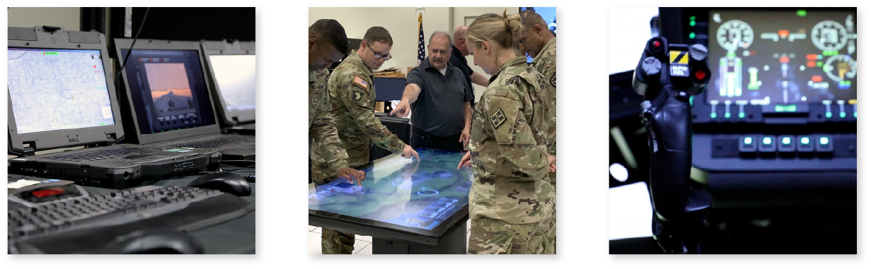 Image collage featuring satellite laptops with S3I software running, Soldiers playing a touchscreen app from Army Game Studio, and the control panel of the Black Hawk Aircrew Trainer (BAT)